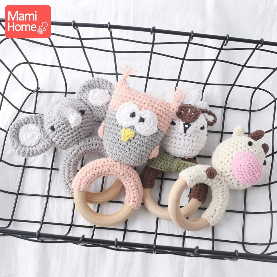 1Pc Baby Rattle Crochet Animal Baby Teether Wooden Ring Handmade Toy BPA Free Wood Teething Bracelet Nurse Gift Baby Product Toy