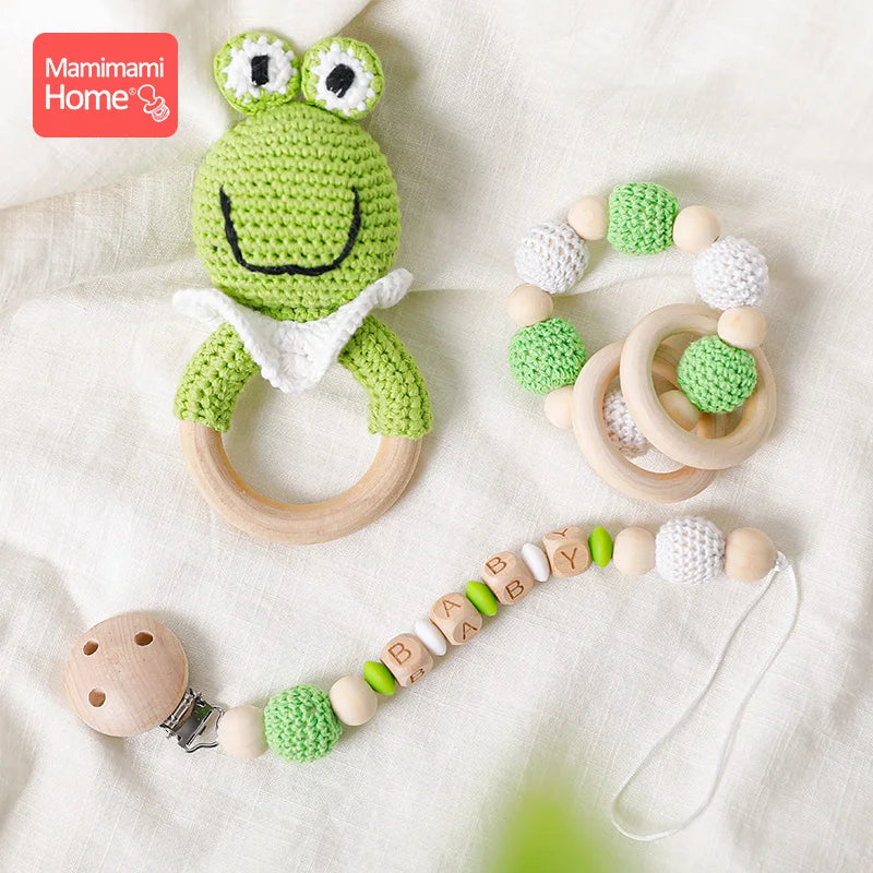 1Pc Baby Rattle Crochet Animal Baby Teether Wooden Ring Handmade Toy BPA Free Wood Teething Bracelet Nurse Gift Baby Product Toy