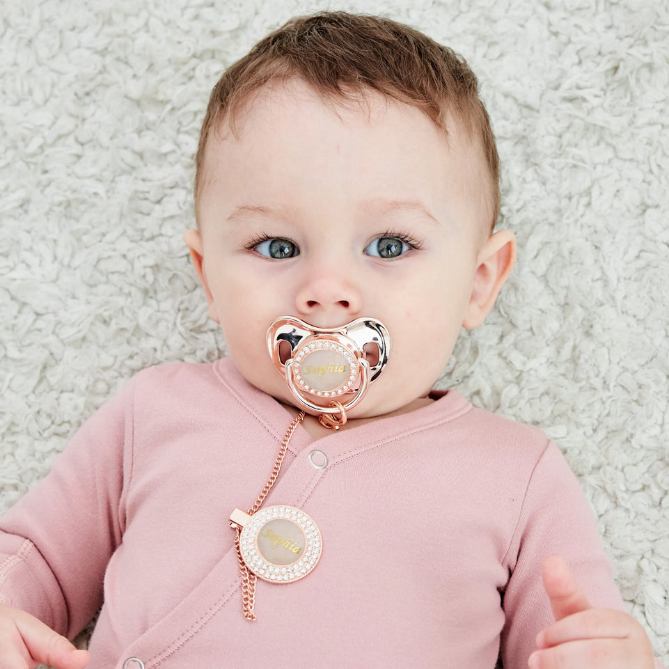 MIYOCAR custom any name gold pearl bling pacifier and pacifier clip BPA free dummy bling unique gift baby shower PS